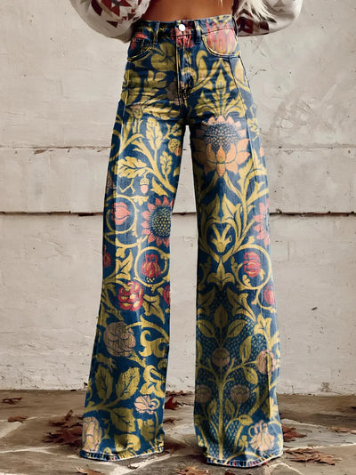 Jasmina – Boho Blumenmuster Schlagjeans mit hohem Bund