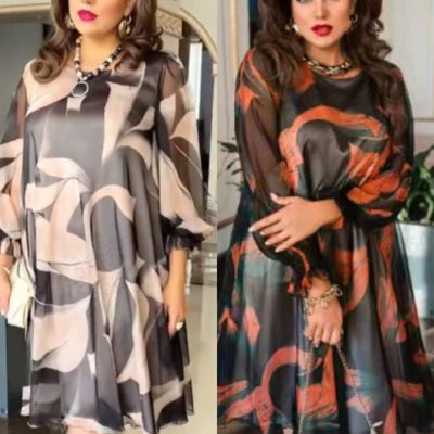 Clint | Fließendes Kleid mit Rundhalsausschnitt, langen Ärmeln und Druck