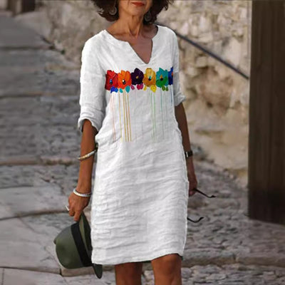 Lorena – Stilvolles knielanges Kleid mit V-Ausschnitt und Dreiviertelärmeln