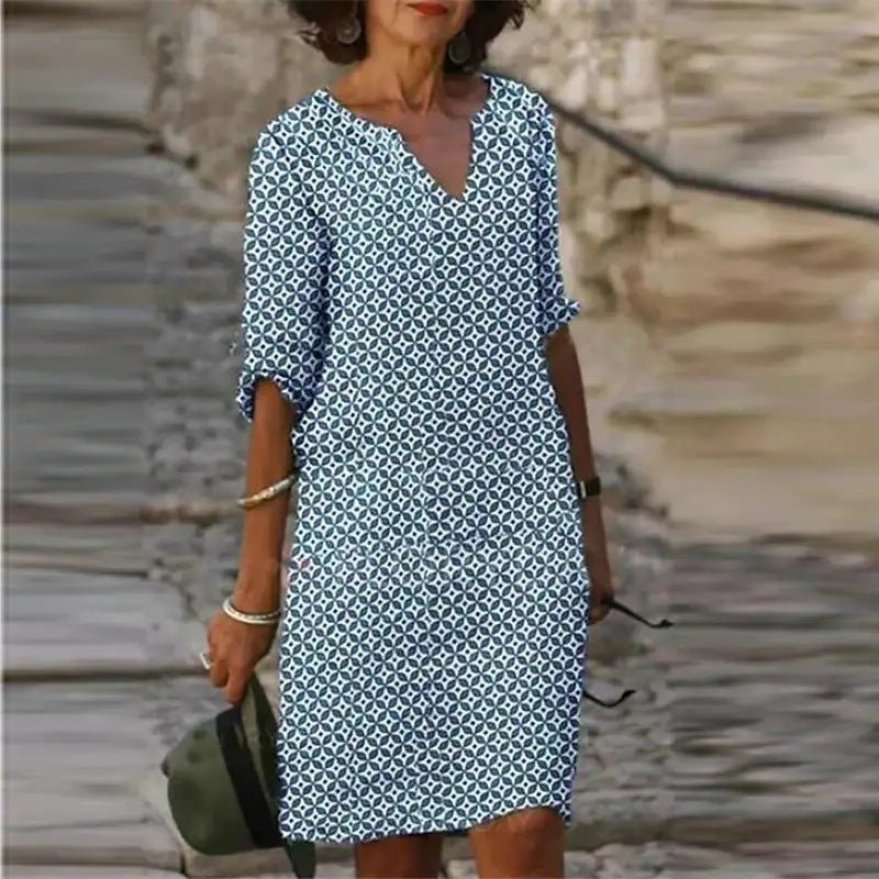 Lorena – Stilvolles knielanges Kleid mit V-Ausschnitt und Dreiviertelärmeln