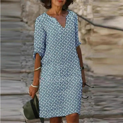 Lorena – Stilvolles knielanges Kleid mit V-Ausschnitt und Dreiviertelärmeln