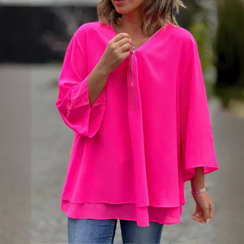 Monina - Stilvolles V-Ausschnitt Chiffon Top mit Reißverschluss