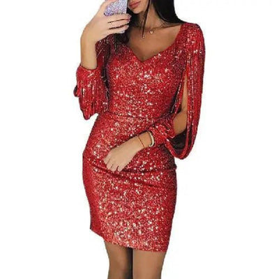 Damen Glitzer V-Ausschnitt Abend Kleid | Mini