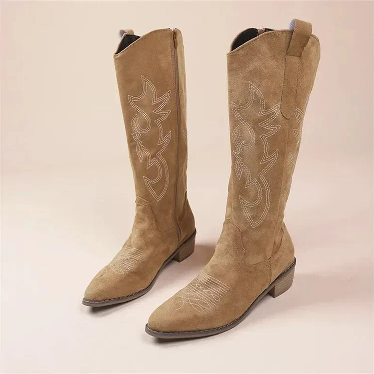 Damen Gestickte Cowboy Stiefel | Niedriger Absatz