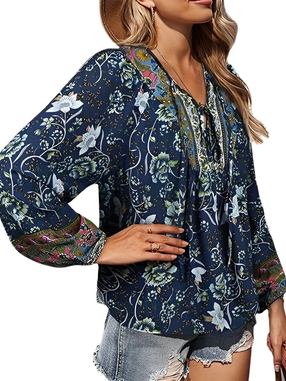 Vintage Boho Sommerbluse mit Blumenprint und langen Ärmeln – Sana