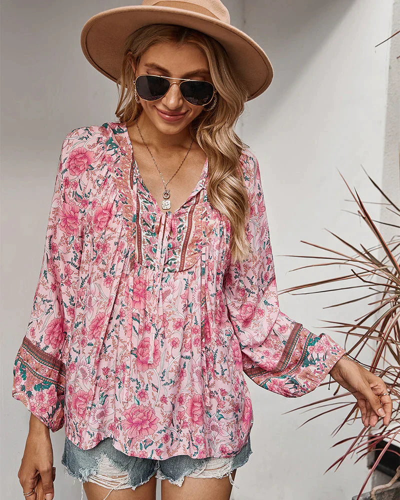 Vintage Boho Sommerbluse mit Blumenprint und langen Ärmeln – Sana