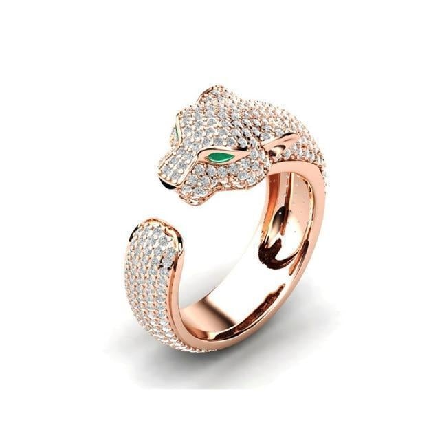 Verstellbarer Jaguar-Ring aus 18K Silber und Roségold mit grünen Zirkonia-Augen