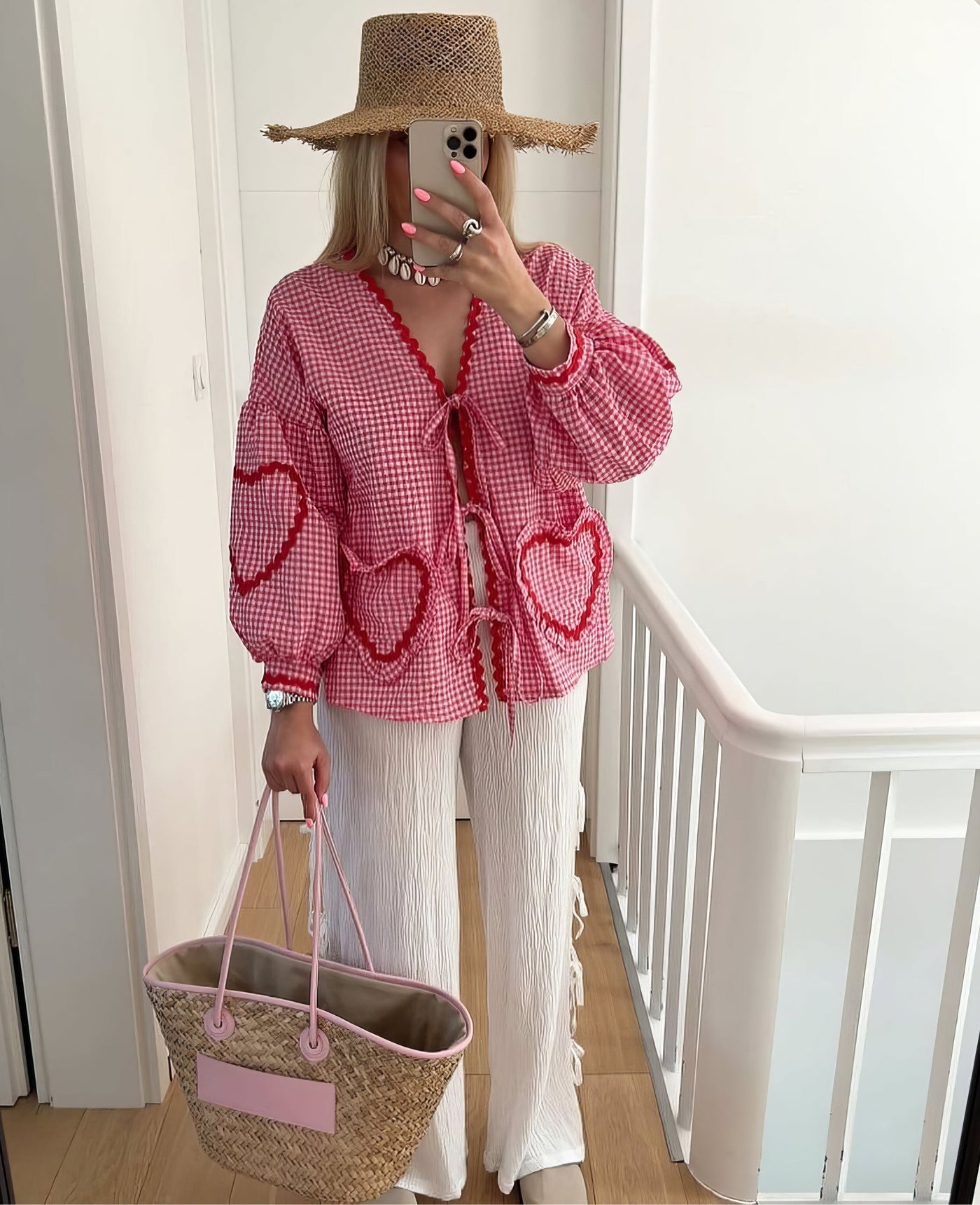 Damen Gingham Bluse – Lockere Passform mit Rüschen & Schleife