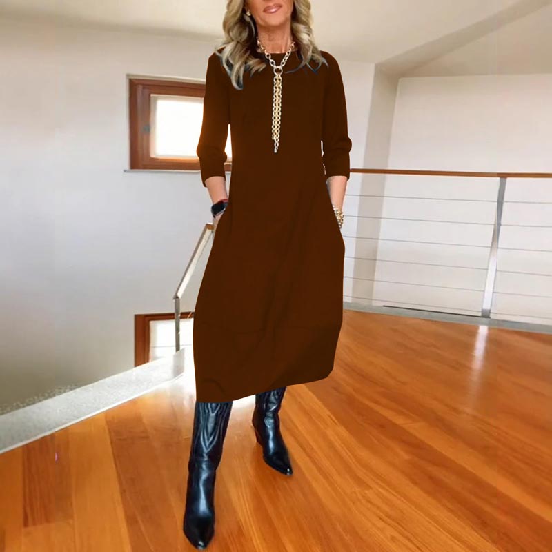 Zechariah |  Damen einfarbiges Abendkleid mit Rundhalsausschnitt und Taschen