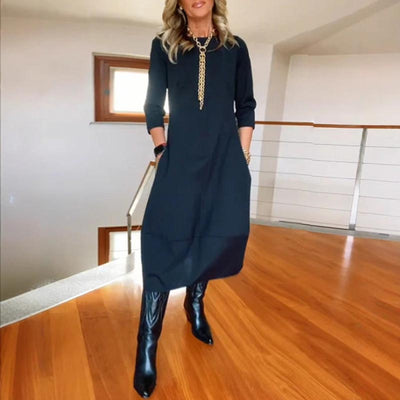 Zechariah |  Damen einfarbiges Abendkleid mit Rundhalsausschnitt und Taschen