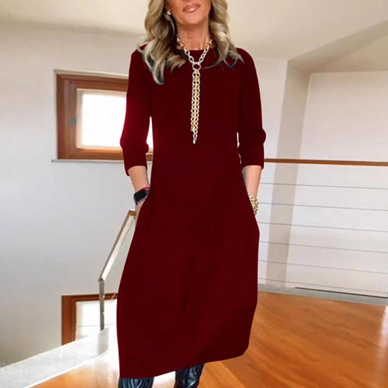 Zechariah |  Damen einfarbiges Abendkleid mit Rundhalsausschnitt und Taschen