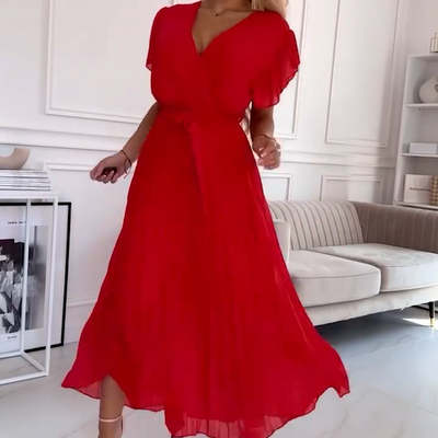 Frieya | Einfarbiges, fließendes Plisseekleid mit V-Ausschnitt für Damen