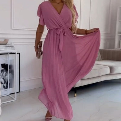 Frieya | Einfarbiges, fließendes Plisseekleid mit V-Ausschnitt für Damen