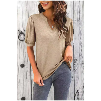 Erwina | Damen V-Ausschnitt Lässiges Puff Kurzarm Top Elegantes T-Shirt