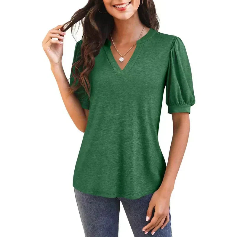 Erwina | Damen V-Ausschnitt Lässiges Puff Kurzarm Top Elegantes T-Shirt