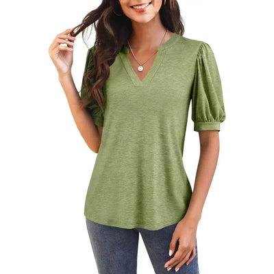 Erwina | Damen V-Ausschnitt Lässiges Puff Kurzarm Top Elegantes T-Shirt