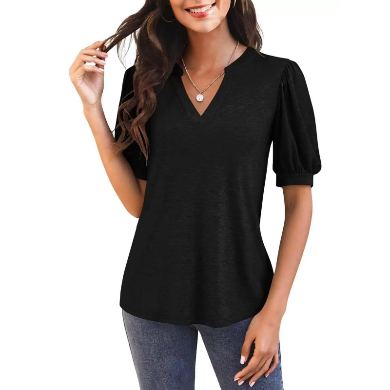 Erwina | Damen V-Ausschnitt Lässiges Puff Kurzarm Top Elegantes T-Shirt