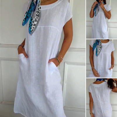 Semaj | Damen Leinenkleid mit Rundhalsausschnitt und kurzen Ärmeln