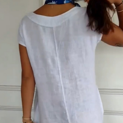 Semaj | Damen Leinenkleid mit Rundhalsausschnitt und kurzen Ärmeln