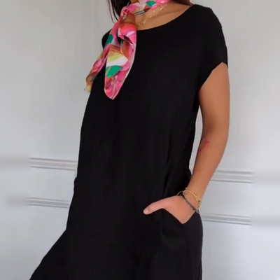 Semaj | Damen Leinenkleid mit Rundhalsausschnitt und kurzen Ärmeln