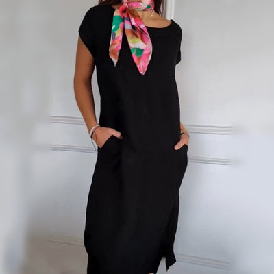 Semaj | Damen Leinenkleid mit Rundhalsausschnitt und kurzen Ärmeln