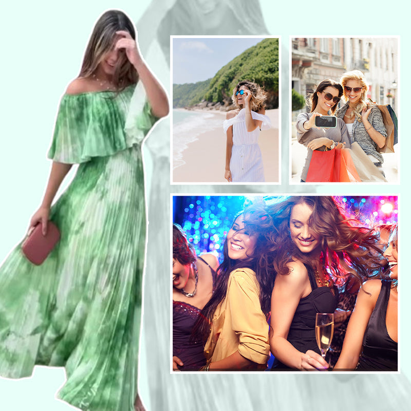 Claire | Bedrucktes, plissiertes Off-Shoulder-Kleid für Damen