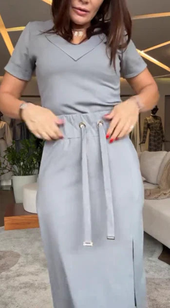 Pierce | Damen V-Ausschnitt T-Shirt und Midirock-Set👗