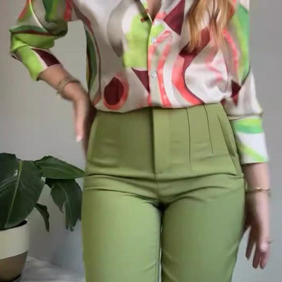 Max | 2-teiliges Set aus bedrucktem Hemd und Hose mit Knöpfen für Damen