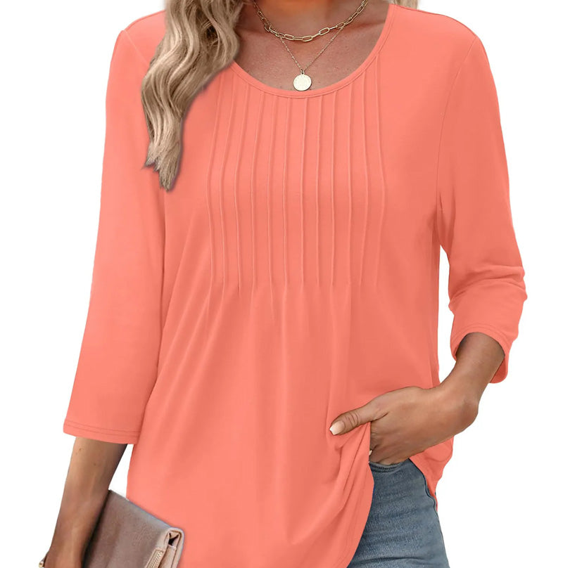 Yaretzi | Lös Passform Dünne Bluse mit Falten vorne und Rundhalsausschnitt