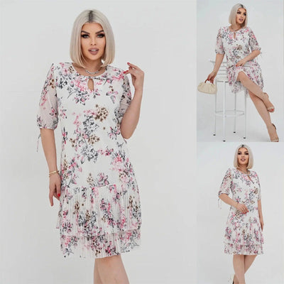 Lorelai | Elegantes Chiffon-Langkleid mit Plissee und kurzen Ärmeln