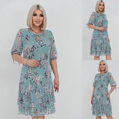 Lorelai | Elegantes Chiffon-Langkleid mit Plissee und kurzen Ärmeln