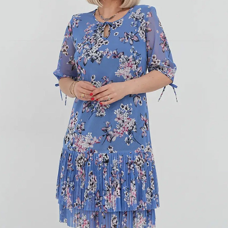 Lorelai | Elegantes Chiffon-Langkleid mit Plissee und kurzen Ärmeln