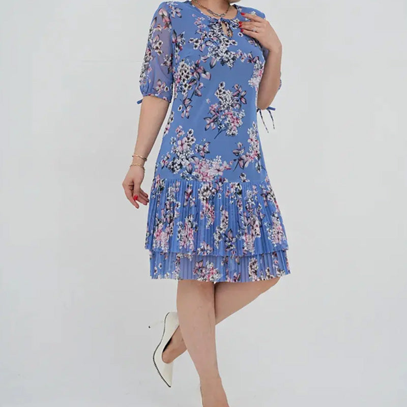 Lorelai | Elegantes Chiffon-Langkleid mit Plissee und kurzen Ärmeln