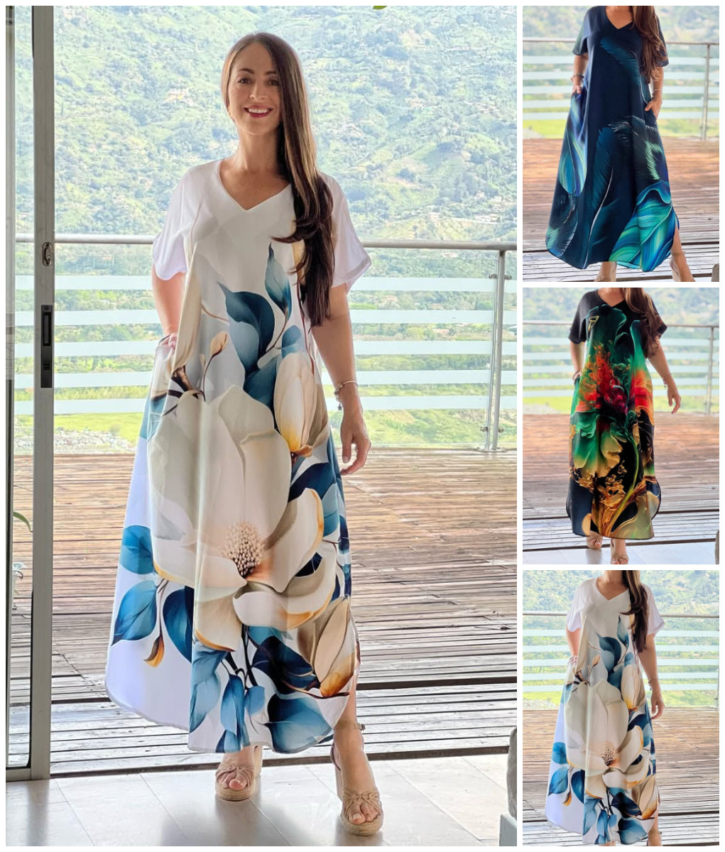 Bayla | Lockere, lässige Damenkleider mit V-Ausschnitt und bedruckten Kurzarm