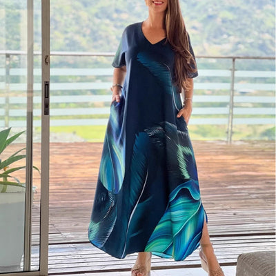 Mohamed | Lockere, lässige Damenkleider mit V-Ausschnitt und bedruckten Kurzarm