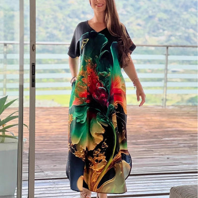 Bayla | Lockere, lässige Damenkleider mit V-Ausschnitt und bedruckten Kurzarm