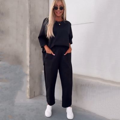 Eunice | Lässiges, einfarbiges, kurzärmliges Oberteil und Hose, zweiteiliges Set für Damen