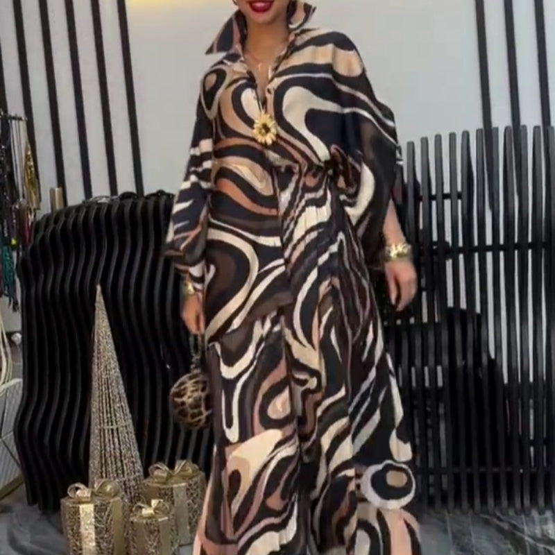 Zara | Modisches Damen-Set mit lockerem, bedrucktem Hemd und Hose mit weitem Bein, 2-teilig