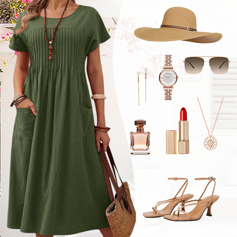 Charley | Faltenkleid für Damen mit kurzen Ärmeln und Taschen