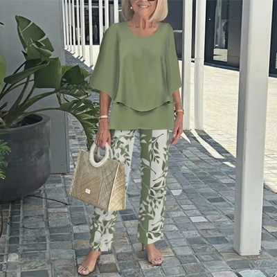 Jean |  Ensemble mit gemusterten Hosen und hochgeschlossenem Top