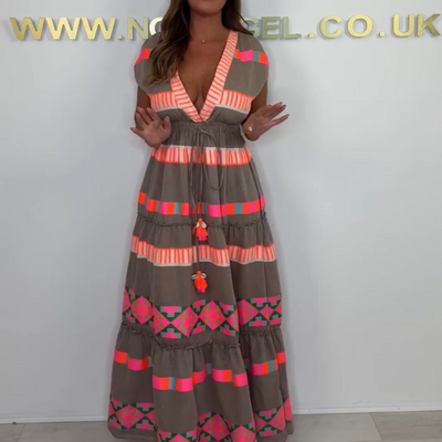 Kaya | Lässiges Damen V-Ausschnitt Vintage Streifenmuster Ärmelloses Kleid