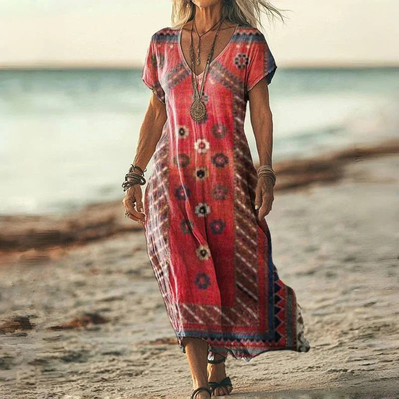 Rocia | Bedrucktes, kurzärmliges, langes Kleid mit V-Ausschnitt für Damen