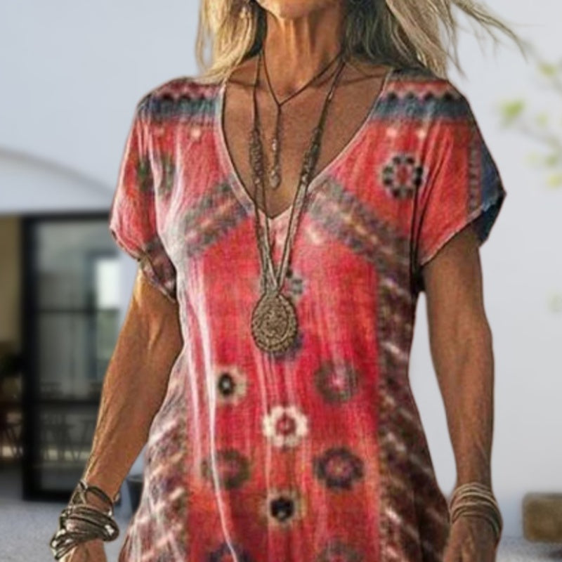 Rocia | Bedrucktes, kurzärmliges, langes Kleid mit V-Ausschnitt für Damen