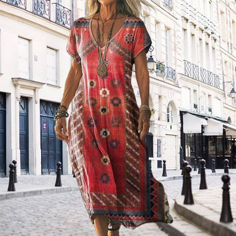Rocia | Bedrucktes, kurzärmliges, langes Kleid mit V-Ausschnitt für Damen