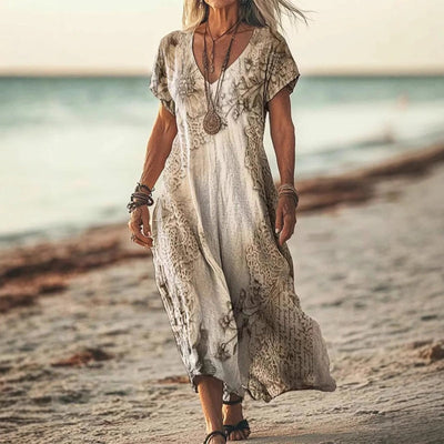 Rocia | Bedrucktes, kurzärmliges, langes Kleid mit V-Ausschnitt für Damen