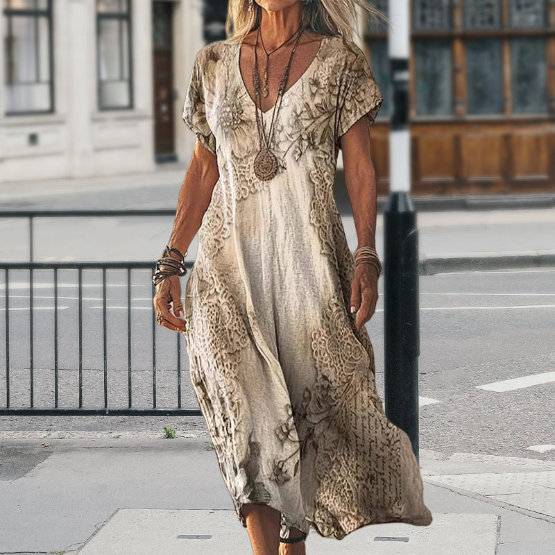 Rocia | Bedrucktes, kurzärmliges, langes Kleid mit V-Ausschnitt für Damen
