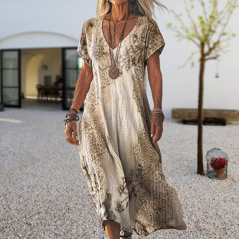 Rocia | Bedrucktes, kurzärmliges, langes Kleid mit V-Ausschnitt für Damen
