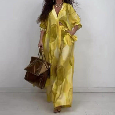 Ora | Modisches 2-teiliges Set mit Druck: Langarm-Bluse und Weitbeinhose