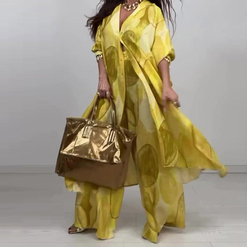 Ora | Modisches 2-teiliges Set mit Druck: Langarm-Bluse und Weitbeinhose