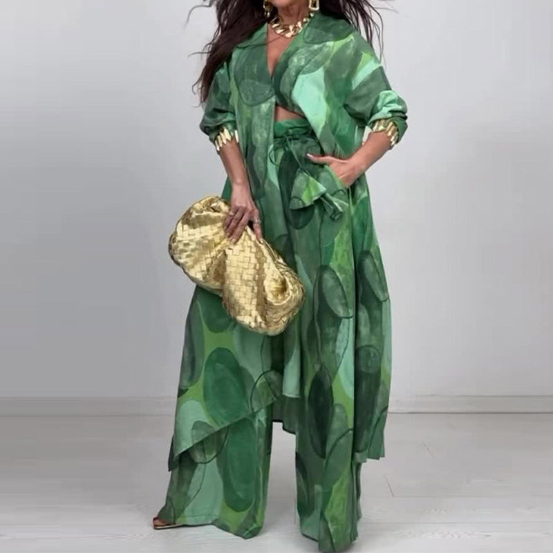 Dawn | Modisches 2-teiliges Set mit Druck: Langarm-Bluse und Weitbeinhose